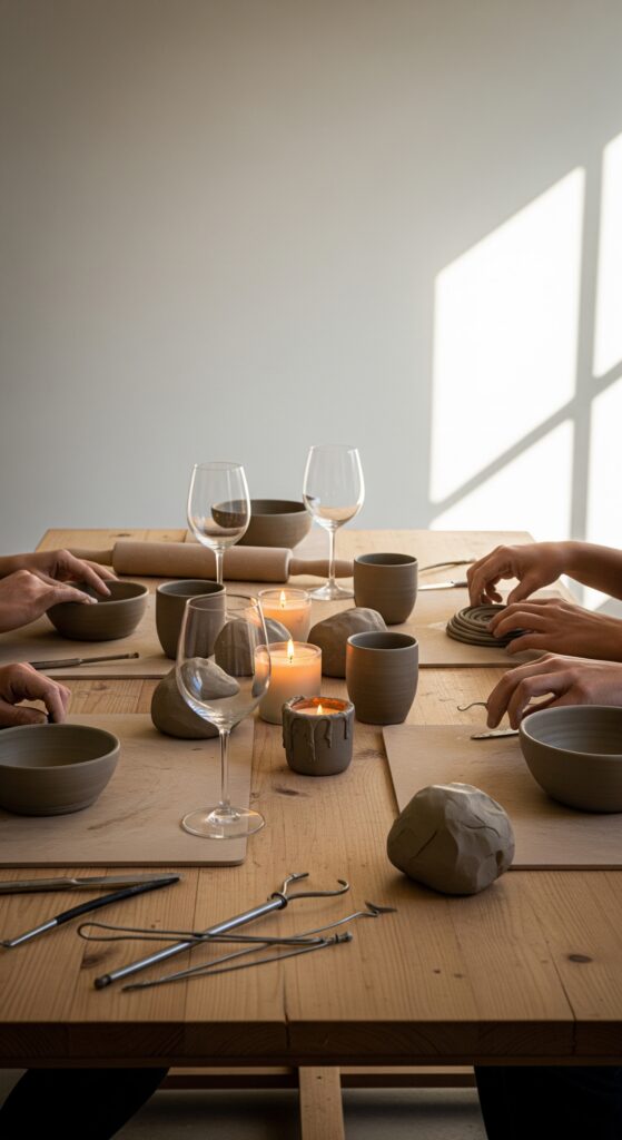 Junge Menschen sitzen am Tisch und töpfern beim After Work Event im Töpfertempel Stuttgart in geselliger Runde individuelle Einzelstücke mit Aufbaukeramik.