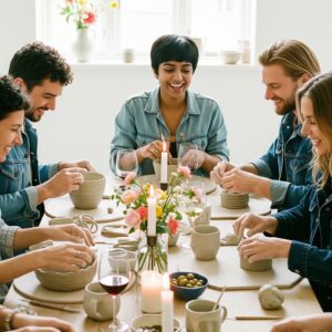 Junge Menschen sitzen am Tisch und töpfern beim After Work Event im Töpfertempel Stuttgart in geselliger Runde individuelle Einzelstücke mit Aufbaukeramik.