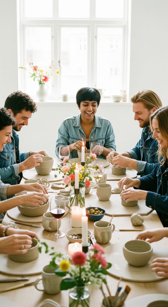 Junge Menschen sitzen am Tisch und töpfern beim After Work Event im Töpfertempel Stuttgart in geselliger Runde individuelle Einzelstücke mit Aufbaukeramik.
