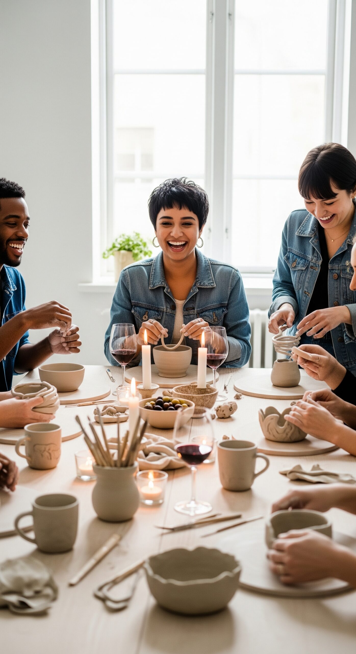 Junge Menschen sitzen am Tisch und töpfern beim After Work Event im Töpfertempel Stuttgart in geselliger Runde individuelle Einzelstücke mit Aufbaukeramik.