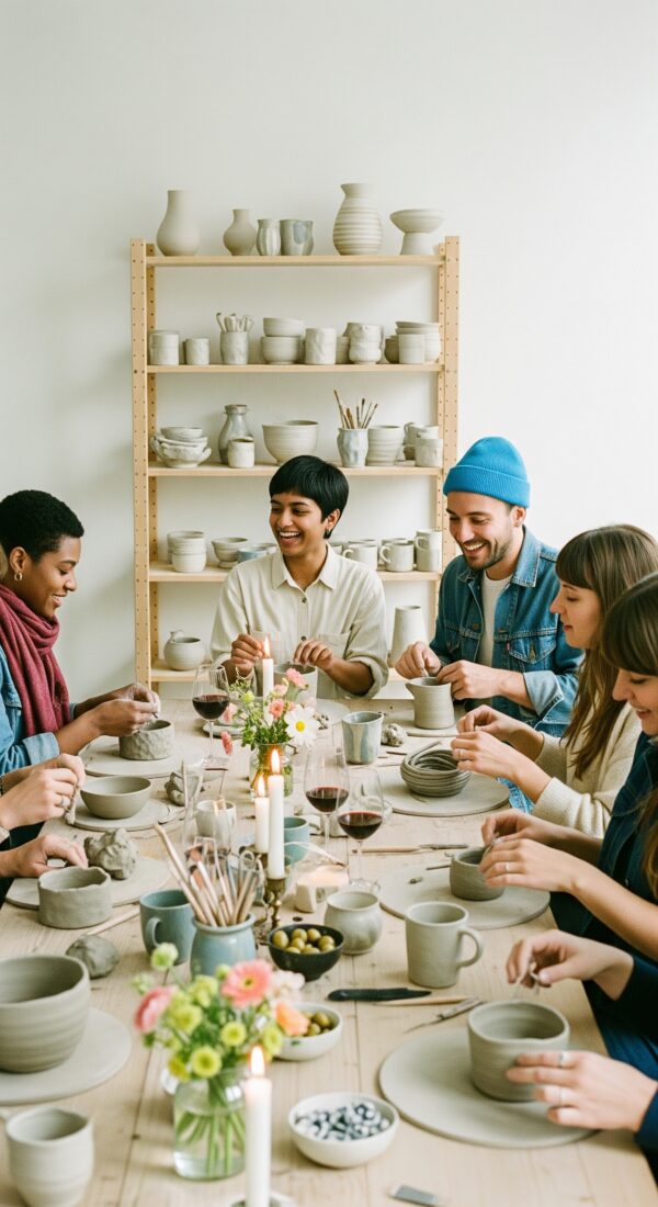 Junge Menschen sitzen am Tisch und töpfern beim After Work Event im Töpfertempel Stuttgart in geselliger Runde individuelle Einzelstücke mit Aufbaukeramik.