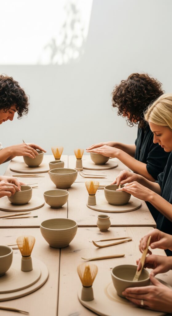 Menschen töpfern ein Matcha Set bestehend aus Schale, Matcha Besen und Becher aus Keramik